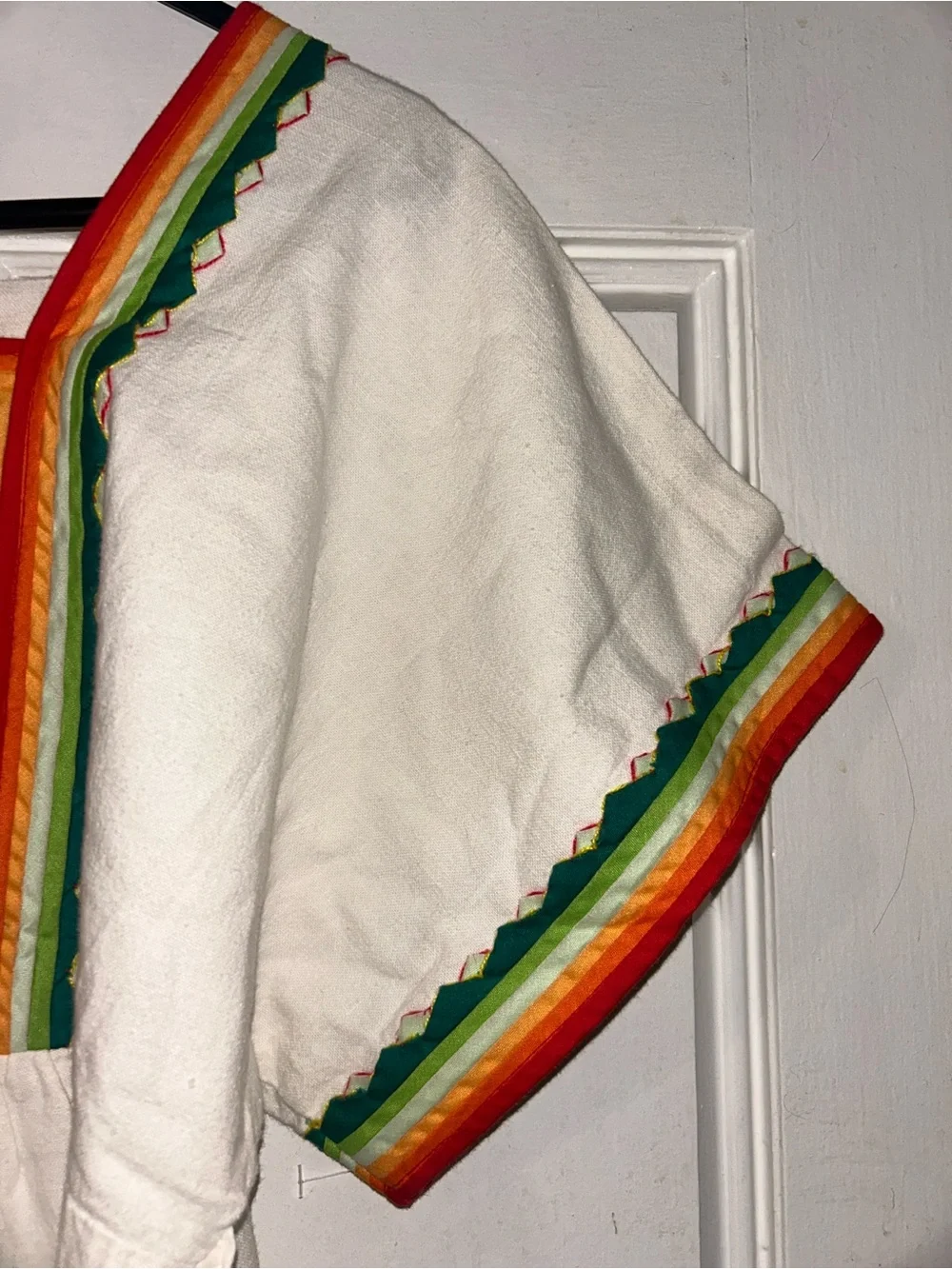 White Embroidered Mexican-Style Girls' Dress with Rainbow Trim